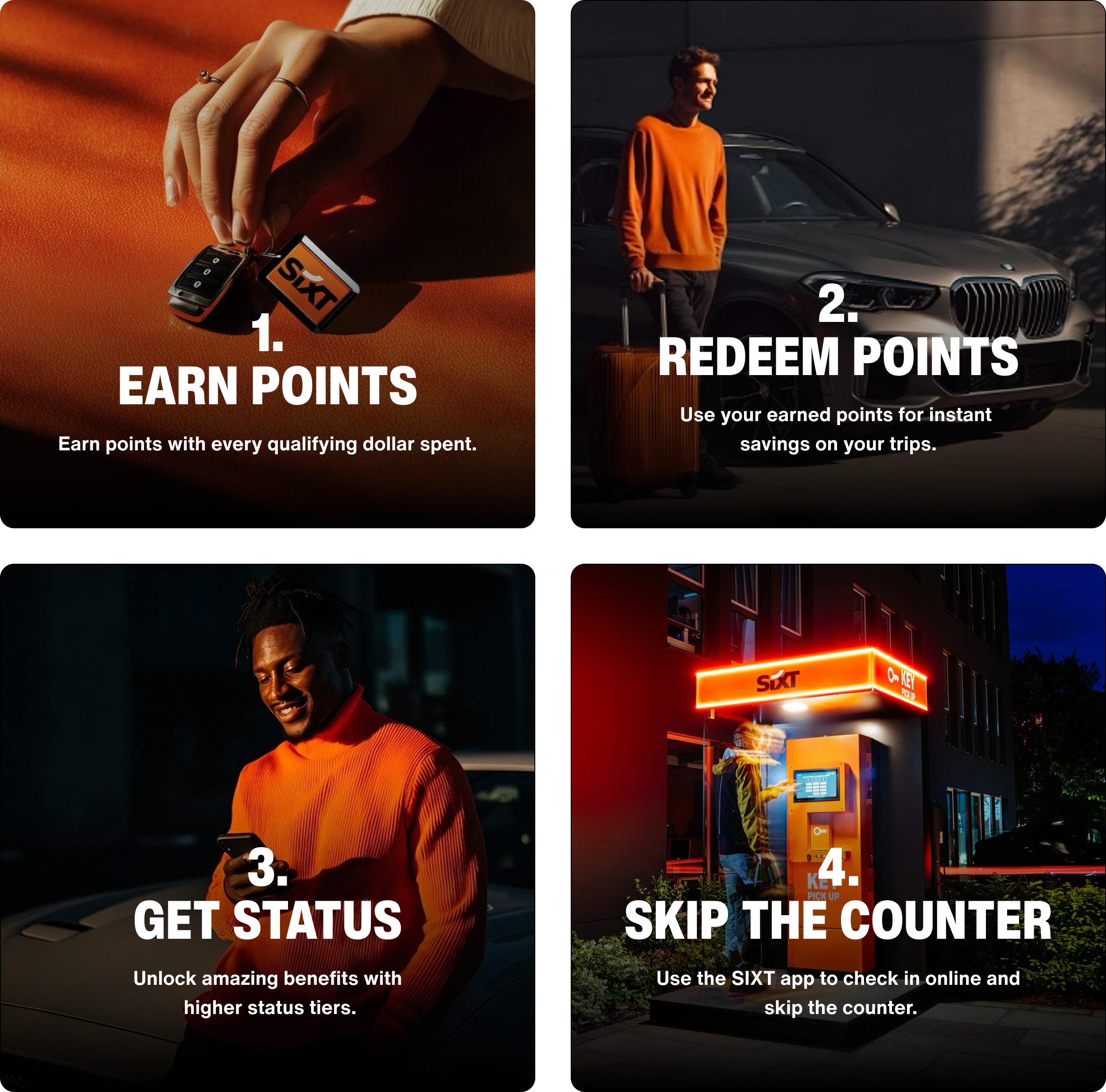Four programme cards: earn points, redeem points, get status, and skip the counter